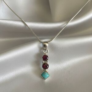 Southwestern Turquoise & Fire Opal Pendant Necklace Sterling Silver 18" Chain